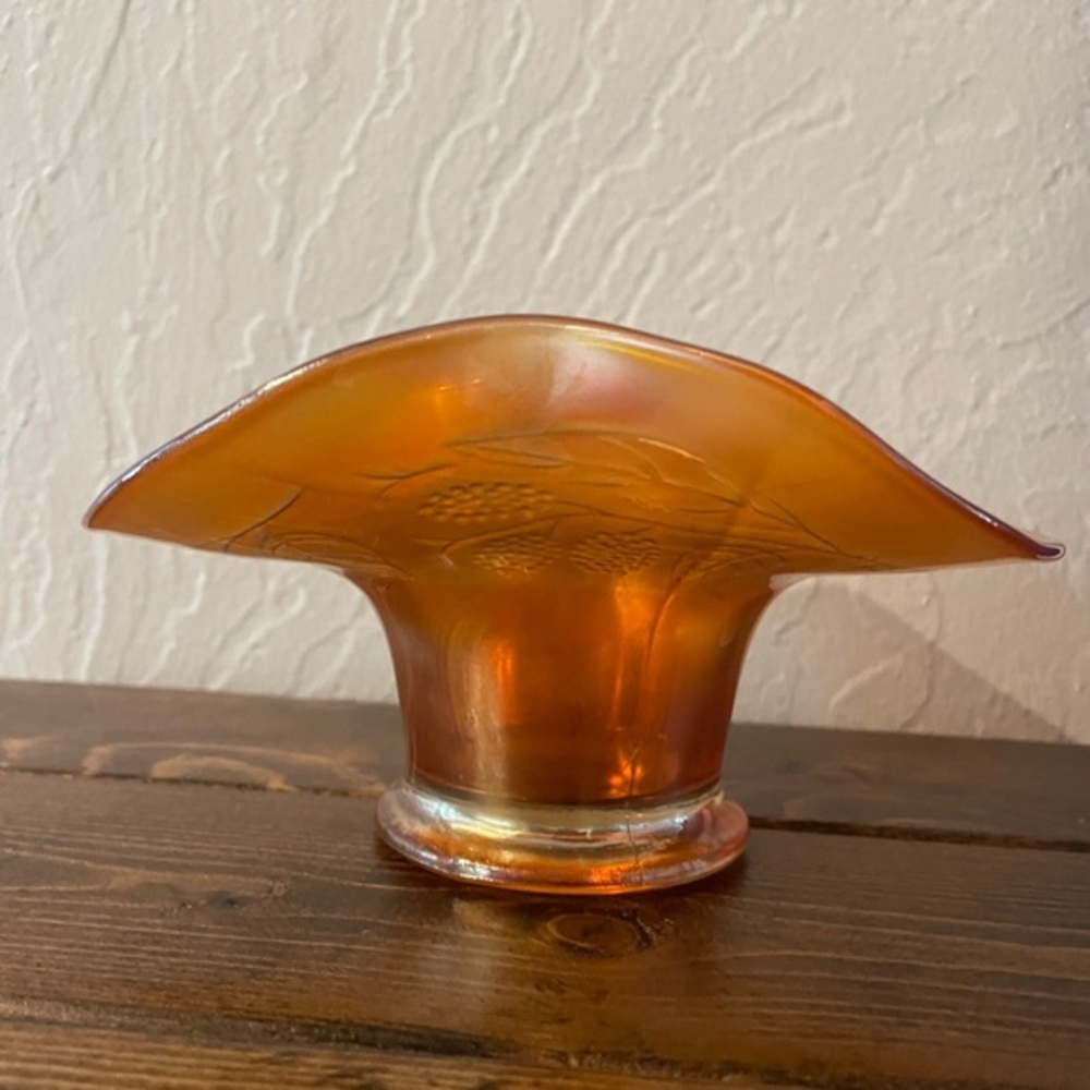 Golden Pressed Carnival Vintage Glass Two Sides Up Holly Hat Vase marigold